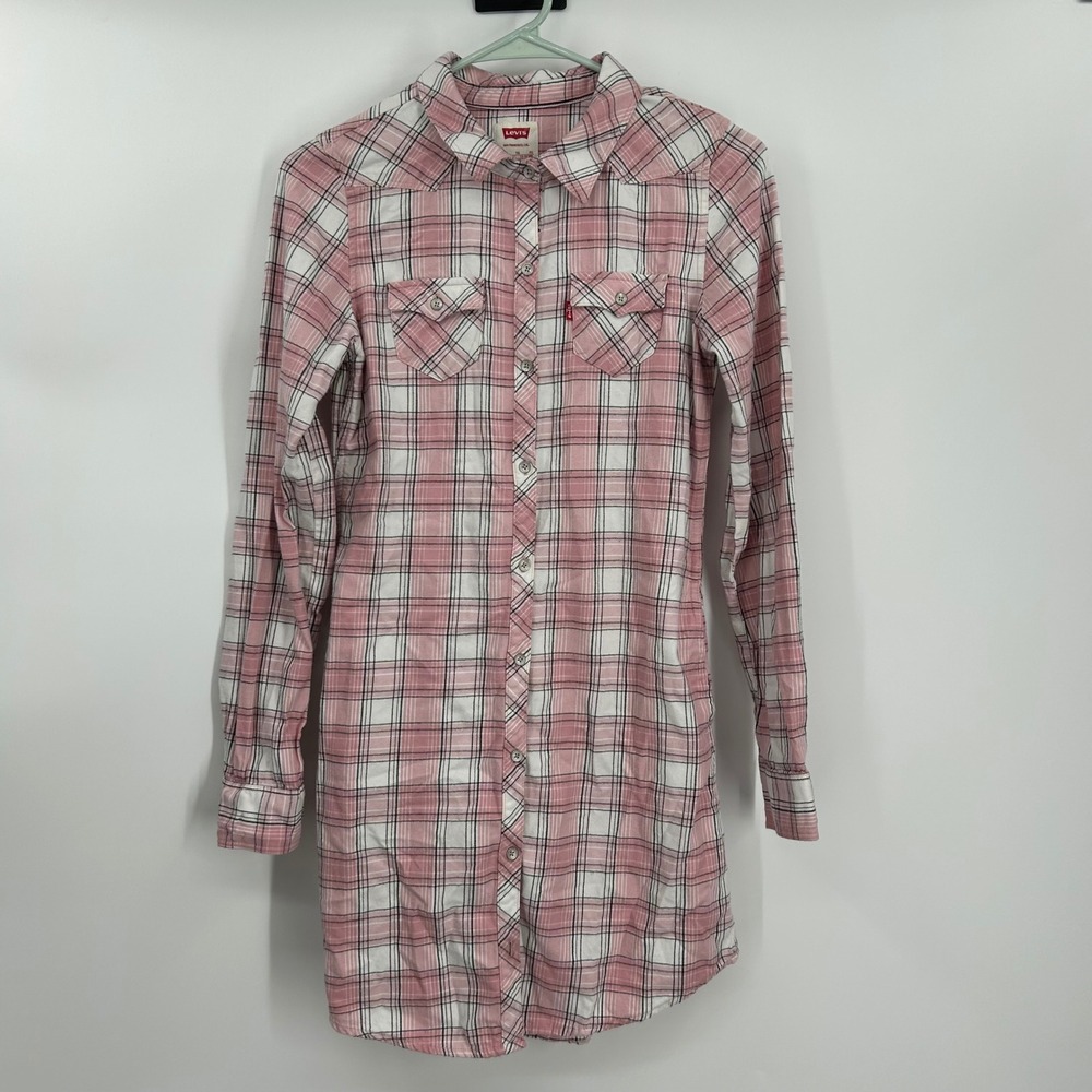 Levis Kids Girls XL Pink Plaid Western Long Sleeve‎ Button Down Shirt Dress 0788
